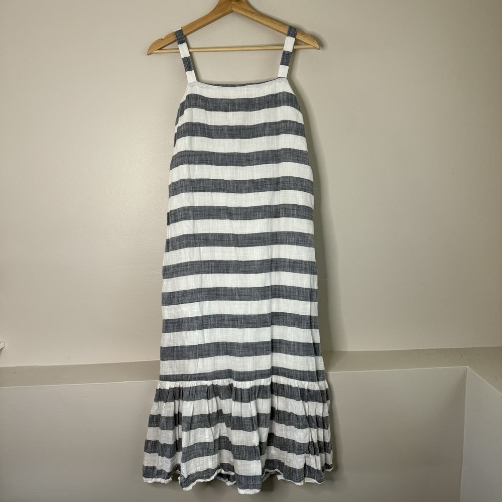 Chelsea & Theodore Dress Womens XS Blue White Striped Ruffle Hem Square Neck EUC